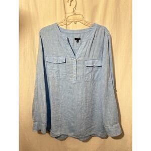 Talbots 100% Linen Popover Top Convertible Long Sleeve Blue XL